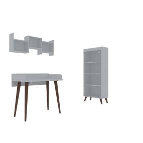 Hampton 3-Piece Home Basic Furniture Office Set with Writing Desk, Bookcase, and Floating Wall Décor Shelves in White - Manhattan Comfort 65-21PMC1
