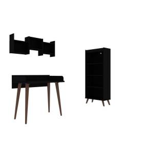 Hampton 3-Piece Home Basic Furniture Office Set with Writing Desk, Bookcase, and Floating Wall Décor Shelves in Black - Manhattan Comfort 65-21PMC70