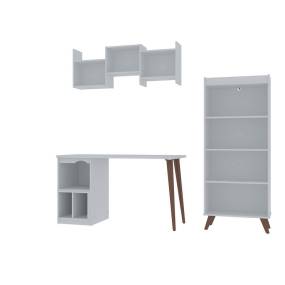 Hampton 3-Piece Extra Storage Home Furniture Office Set with Storage Writing Desk, Bookcase, and Floating Wall Décor Shelves in White - Manhattan Comfort 65-22PMC1