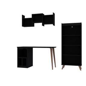 Hampton 3-Piece Extra Storage Home Furniture Office Set with Storage Writing Desk, Bookcase, and Floating Wall Décor Shelves in Black - Manhattan Comfort 65-22PMC70