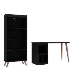 Hampton 2-Piece Extra Storage Home Furniture Office Set with Storage Writing Desk and Bookcase in Black - Manhattan Comfort 65-27PMC70