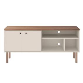 Windsor 53.54 Modern TV Stand with Media Shelves and Solid Wood Legs in Off White and Nature - Manhattan Comfort 65-3LC1