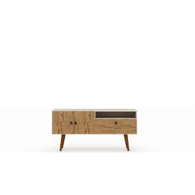 Tribeca 53.94 Mid-Century Modern TV Stand with Solid Wood Legs in Off White and Nature - Manhattan Comfort 65-3PMC81