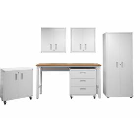 6-Piece Fortress Textured Garage Set with Cabinets, Wall Units and Table in White - Manhattan Comfort 6-GGGG-WH