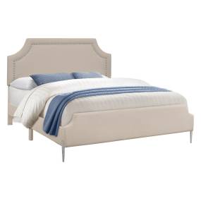 Bed- Queen Size- Bedroom- Upholstered- Beige Linen Look- Chrome Metal Legs- Transitional-Monarch Specialties I 6036Q