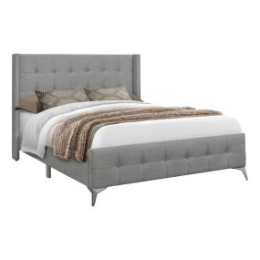 Bed- Queen Size- Bedroom- Upholstered- Grey Linen Look- Chrome Metal Legs- Transitional-Monarch Specialties I 6040Q