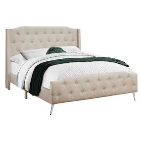 Bed- Queen Size- Bedroom- Upholstered- Beige Linen Look- Chrome Metal Legs- Transitional-Monarch Specialties I 6046Q