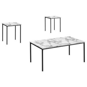 Table Set- 3pcs Set- Coffee- End- Black Metal- White Marble Look Laminate- Contemporary- Modern-Monarch Specialties I 7892P