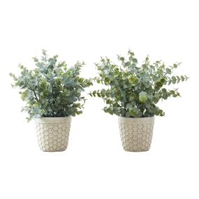 Artificial Plant- 13" Tall- Eucalyptus Grass- Indoor- Faux- Fake- Table- Greenery- Potted- Set Of 2- Decorative- Green Leaves- White Pots-Monarch Specialties I 9581