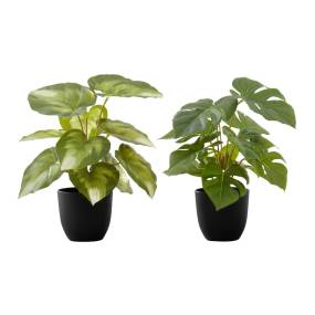 Artificial Plant- 13" Tall- Monstera Calthea- Indoor- Faux- Fake- Table- Greenery- Potted- Set Of 2- Decorative- Green Leaves- Black Pots-Monarch Specialties I 9584