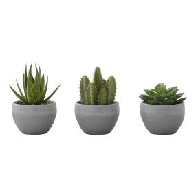 Artificial Plant- 6" Tall- Succulent- Indoor- Faux- Fake- Table- Greenery- Potted- Set Of 3- Decorative- Green Plants- Grey Cement Pots-Monarch Specialties I 9587