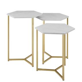Hex Nesting Tables, Set of 3 - Faux White Marble / Gold - Walker Edison AF16HEX3WM