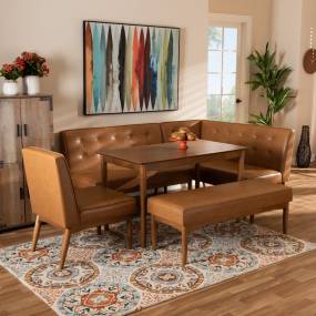 Baxton Studio Arvid Mid-Century Modern Tan Faux Leather & Walnut Brown Finished Wood 5-PC Dining Nook Set - Wholesale Interiors BBT8051-Tan/Walnut-5PC Dining Nook Set