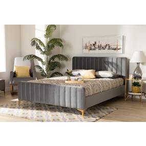 Baxton Studio Nami Modern Glam & Luxe Light Grey Velvet Fabric & Gold Finished Queen Size Platform Bed - Wholesale Interiors CF0374-Light-Grey-Queen