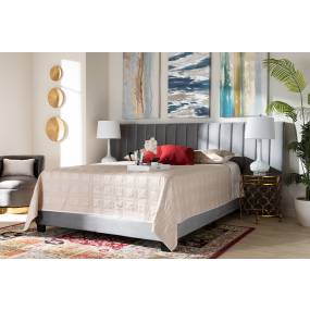 Baxton Studio Fiorenza Glam & Luxe Grey Velvet Fabric King Size Panel Bed /w Extra Wide Channel Tufted Headboard - Wholesale Interiors CF8031F-Grey Velvet-King