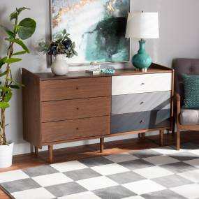 Baxton Studio Halden Mid-Century Modern Multicolor Walnut Brown & Grey Gradient Finished Wood 6-Drawer Dresser - Wholesale Interiors FP-11020-Grey/Walnut-6DW-Dresser