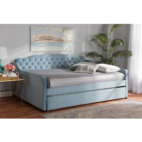 Baxton Studio Freda Transitional & Contemporary Light Blue Velvet Fabric & Button Tufted Queen Size Daybed /w Trundle - Wholesale Interiors Freda-Light Blue Velvet-Daybed-Q/T