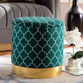 Baxton Studio Serra Glam & Luxe Teal Green Quatrefoil Velvet Fabric Gold Finished Metal Storage Ottoman - Wholesale Interiors JY19A257-Teal/Gold-Otto