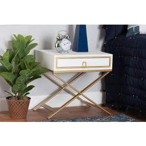Baxton Studio Lilibet Modern Glam and Luxe White Finished Wood and Gold Metal 1-Drawer End Table - Wholesale Interiors JY21B017-White/Gold-ET