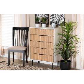 Baxton Studio Karima Mid-Century Modern Two-Tone White and Natural Brown Finished Wood and Black Metal 5-Drawer Storage Cabinet - Wholesale Interiors LCF20158-White/Tan-5DW-Cabinet