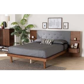 Baxton Studio Eliana Mid-Century Modern Transitional Grey Fabric and Ash Walnut Finished Wood Queen Size Platform Storage Bed with Built-In Nightstands – Wholesale Interiors MG0086-Dark Grey/Ash Walnut-Queen