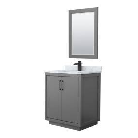 Wyndham WCF111130SGBCMUNSM24 Icon 30 Inch Single Bathroom Vanity in Dark Gray, White Carrara Marble Countertop, Undermount Square Sink, Matte Black Trim, 24 Inch Mirror