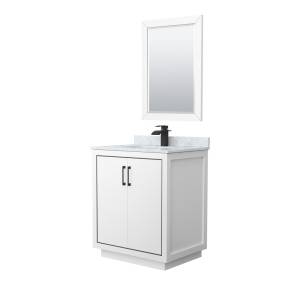 Wyndham WCF111130SWBCMUNSM24 Icon 30 Inch Single Bathroom Vanity in White, White Carrara Marble Countertop, Undermount Square Sink, Matte Black Trim, 24 Inch Mirror