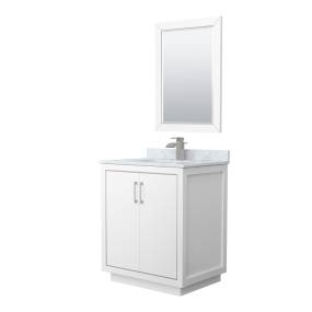 Wyndham WCF111130SWHCMUNSM24 Icon 30 Inch Single Bathroom Vanity in White, White Carrara Marble Countertop, Undermount Square Sink, Brushed Nickel Trim, 24 Inch Mirror