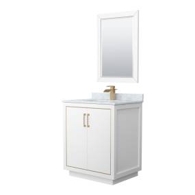 Wyndham WCF111130SWZCMUNSM24 Icon 30 Inch Single Bathroom Vanity in White, White Carrara Marble Countertop, Undermount Square Sink, Satin Bronze Trim, 24 Inch Mirror