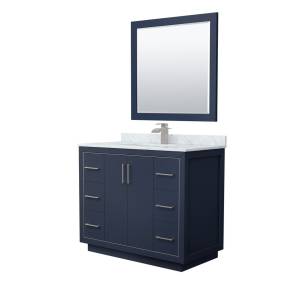Wyndham WCF111142SBNCMUNSM34 Icon 42 Inch Single Bathroom Vanity in Dark Blue, White Carrara Marble Countertop, Undermount Square Sink, Brushed Nickel Trim, 34 Inch Mirror