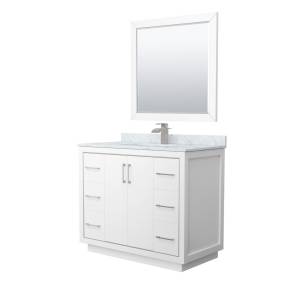 Wyndham WCF111142SWHCMUNSM34 Icon 42 Inch Single Bathroom Vanity in White, White Carrara Marble Countertop, Undermount Square Sink, Brushed Nickel Trim, 34 Inch Mirror