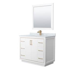 Wyndham WCF111142SWZCMUNSM34 Icon 42 Inch Single Bathroom Vanity in White, White Carrara Marble Countertop, Undermount Square Sink, Satin Bronze Trim, 34 Inch Mirror