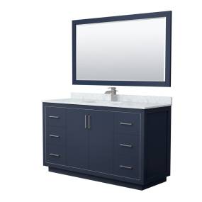 Wyndham WCF111160SBNCMUNSM58 Icon 60 Inch Single Bathroom Vanity in Dark Blue, White Carrara Marble Countertop, Undermount Square Sink, Brushed Nickel Trim, 58 Inch Mirror