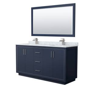 Wyndham WCF111166DBNCMUNSM58 Icon 66 Inch Double Bathroom Vanity in Dark Blue, White Carrara Marble Countertop, Undermount Square Sinks, Brushed Nickel Trim, 58 Inch Mirror