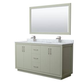 Wyndham WCF111166DLGCMUNSM58 Icon 66 Inch Double Bathroom Vanity in Light Green, White Carrara Marble Countertop, Undermount Square Sinks, Brushed Nickel Trim, 58 Inch Mirror
