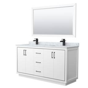 Wyndham WCF111166DWBCMUNSM58 Icon 66 Inch Double Bathroom Vanity in White, White Carrara Marble Countertop, Undermount Square Sinks, Matte Black Trim, 58 Inch Mirror