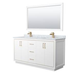 Wyndham WCF111166DWZCMUNSM58 Icon 66 Inch Double Bathroom Vanity in White, White Carrara Marble Countertop, Undermount Square Sinks, Satin Bronze Trim, 58 Inch Mirror