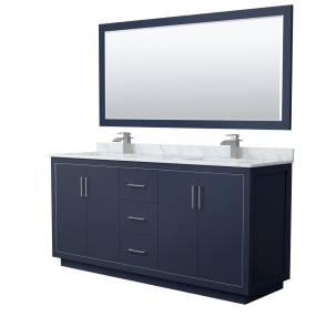 Wyndham WCF111172DBNCMUNSM70 Icon 72 Inch Double Bathroom Vanity in Dark Blue, White Carrara Marble Countertop, Undermount Square Sinks, Brushed Nickel Trim, 70 Inch Mirror