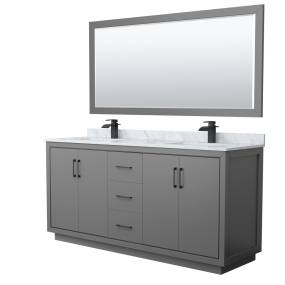 Wyndham WCF111172DGBCMUNSM70 Icon 72 Inch Double Bathroom Vanity in Dark Gray, White Carrara Marble Countertop, Undermount Square Sinks, Matte Black Trim, 70 Inch Mirror