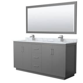 Wyndham WCF111172DKGCMUNSM70 Icon 72 Inch Double Bathroom Vanity in Dark Gray, White Carrara Marble Countertop, Undermount Square Sinks, Brushed Nickel Trim, 70 Inch Mirror