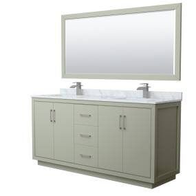 Wyndham WCF111172DLGCMUNSM70 Icon 72 Inch Double Bathroom Vanity in Light Green, White Carrara Marble Countertop, Undermount Square Sinks, Brushed Nickel Trim, 70 Inch Mirror