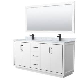 Wyndham WCF111172DWBCMUNSM70 Icon 72 Inch Double Bathroom Vanity in White, White Carrara Marble Countertop, Undermount Square Sinks, Matte Black Trim, 70 Inch Mirror
