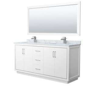 Wyndham WCF111172DWHCMUNSM70 Icon 72 Inch Double Bathroom Vanity in White, White Carrara Marble Countertop, Undermount Square Sinks, Brushed Nickel Trim, 70 Inch Mirror