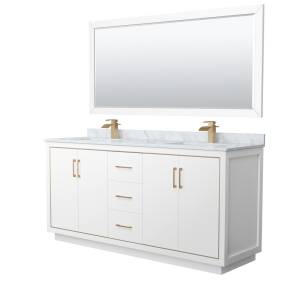 Wyndham WCF111172DWZCMUNSM70 Icon 72 Inch Double Bathroom Vanity in White, White Carrara Marble Countertop, Undermount Square Sinks, Satin Bronze Trim, 70 Inch Mirror