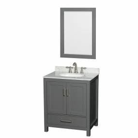 30 inch Single Bathroom Vanity in Dark Gray, White Carrara Marble Countertop, Undermount Oval Sink, and 24 inch Mirror - Wyndham WCS141430SKGCMUNOM24