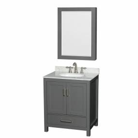 30 inch Single Bathroom Vanity in Dark Gray, White Carrara Marble Countertop, Undermount Oval Sink, and Medicine Cabinet - Wyndham WCS141430SKGCMUNOMED