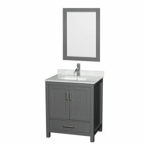 30 inch Single Bathroom Vanity in Dark Gray, White Carrara Marble Countertop, Undermount Square Sink, and 24 inch Mirror - Wyndham WCS141430SKGCMUNSM24