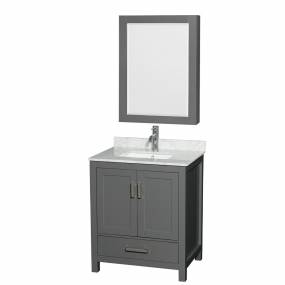 30 inch Single Bathroom Vanity in Dark Gray, White Carrara Marble Countertop, Undermount Square Sink, and Medicine Cabinet - Wyndham WCS141430SKGCMUNSMED