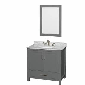 36 inch Single Bathroom Vanity in Dark Gray, White Carrara Marble Countertop, Undermount Oval Sink, and 24 inch Mirror - Wyndham WCS141436SKGCMUNOM24