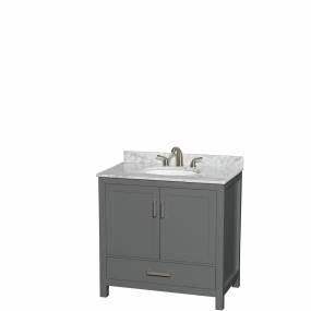 36 inch Single Bathroom Vanity in Dark Gray, White Carrara Marble Countertop, Undermount Oval Sink, and No Mirror - Wyndham WCS141436SKGCMUNOMXX